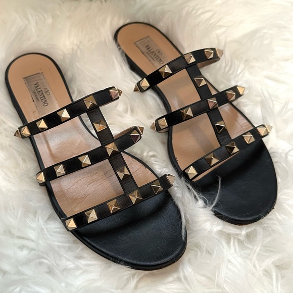 Valentino Rockstud Sandals Black Flats 36.5 - Picture 7 of 8